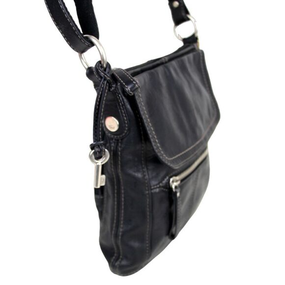 FOSSIL BLACK GENUINE LEATHER KEY CHAIN X-BODY MESSENGER SHOULDER BAG HANDBAG - Picture 5 of 16